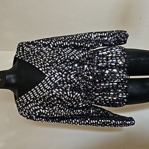 NWT Prima blue Black Silver Sparkle Sequined Peplom Vneck Shirt Blouse Top XXL